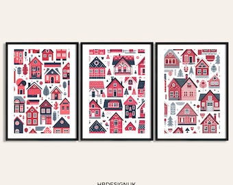 Conjunto de decoración de casas escandinavas - 3 impresiones de estilo Scandi / Cartel Scandi / Diseño escandinavo / Obras de arte de la Casa Roja / Arte nórdico de la pared del hogar