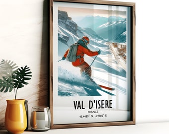 Val D'Isere Ski Poster Print - Watercolour Art Decor  | Travel Wall Artwork | Skiing Gifts | French Alps Skier | Ski Resort | Gift Snowboard