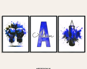Custom Boxing Wall Art - Set of 3 Dark Blue Prints | Boys Girls Bedroom Decor | Personalised Poster | Home Room Decor | Posters Print