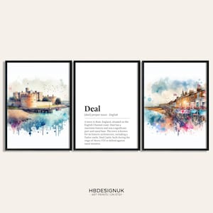 Ensemble d&#39;affiches Deal - Ensemble de 3 impressions | Impression de château à l&#39;aquarelle | Décoration murale | Art mural | Offres cadeaux | Oeuvre d&#39;art de l&#39;Angleterre