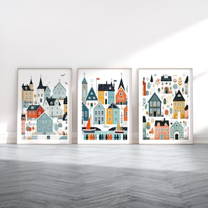 Set di stampe di case scandinave - 3 poster in stile scandinavo / Arte murale scandinava / Design scandinavo / Opere d'arte di case colorate / Arredamento per la casa nordico