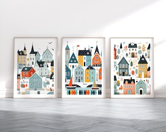 Scandinavian Houses Print Set - 3 Scandi Style Posters | Scandi Wall Art | Scandanavian Design | Colourful House Artwork | Nordic Home Decor