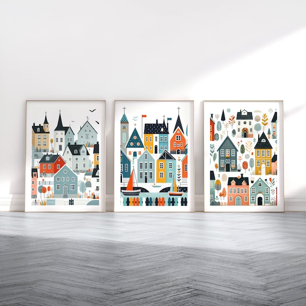 Scandinavian Houses Print Set - 3 Scandi Style Posters | Scandi Wall Art | Scandanavian Design | Colourful House Artwork | Nordic Home Decor