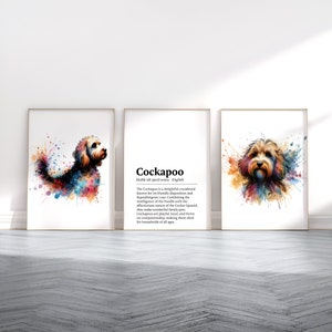 May include: A watercolor painting of a Cockapoo dog with colorful splashes of paint. The painting is accompanied by a definition of the Cockapoo breed, describing its friendly disposition, hypoallergenic coat, and intelligence.