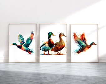 Duck Print Set - 3 Watercolour Posters | Watercolor Ducks Print | Mallard Decor | Animal Wall Art | British Wildlife Gifts | Duck Artwork