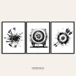 Archery Print Set - Set of 3 Prints | Watercolour Painting | Archery Posters for Kids | Archer Wall Art | Archery Gift Ideas | Black Decor