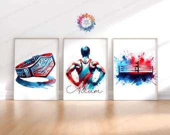 Personalised Wrestling Decor - Set of 3 Wrestler Prints | Red & Blue Custom Boys Bedroom Print