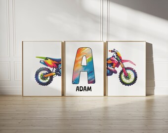 Personalised Nursery Motorbike Prints - Set of 3 Posters | Motorbike Wall Art | Boys Room Playroom | Kids Motor Biker Decor | Dirt Bike Gift