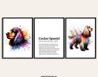 Cocker Spaniel Dog Prints - Set of 3 Posters | Watercolour Definition Wall Art | Colourful Painting | Room Decor | Dogs Artwork Gift | Pet