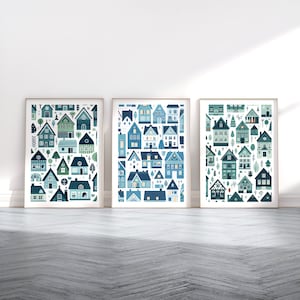 Set di 3 poster in stile scandinavo con case scandinave / Opere d'arte retrò / Design scandinavo / Decorazioni per la casa turchese / Stampe da parete per la casa nordica