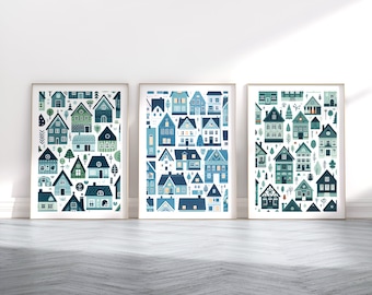 Conjunto de arte de casas escandinavas: 3 pósteres de estilo escandinavo, ilustraciones retro, diseño escandinavo, decoración turquesa para el hogar, impresión nórdica para la pared.