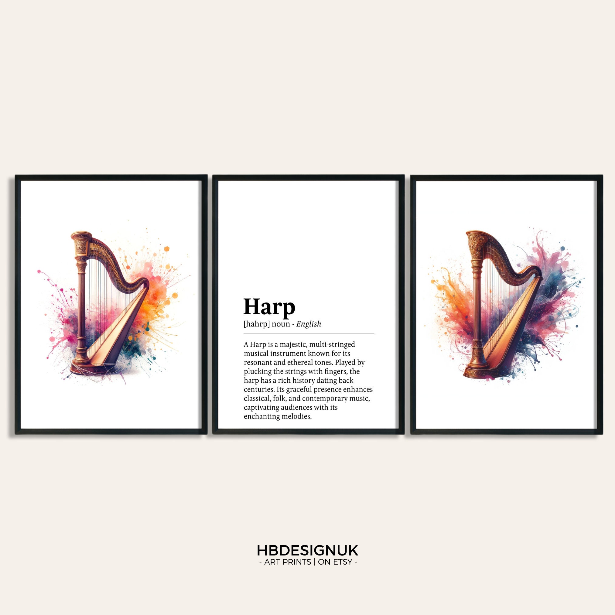 Harp Watercolour Art Print - Set of 3 Music Artwork | Music