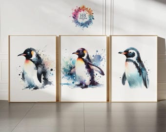 Láminas de pingüinos - Láminas de pared / Imágenes de pingüinos / Pinturas de animales / Decoración minimalista con acuarela / Regalo de pintura