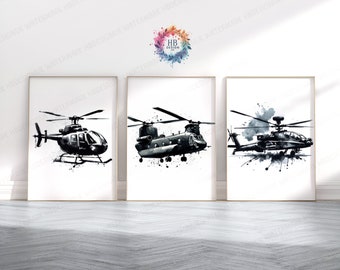 Black Helicopter Prints - Set of 3 | Boys Bedroom Decor | Aircraft Wall Art | Watercolor Style | Kids Nursery Poster | Aviation Gifts