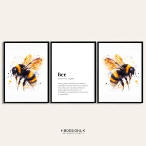 May include: A watercolor illustration of a bee with yellow and black stripes. The bee is flying and has a watercolor background. The text below the bee reads "Bee [bee] noun - English A flying insect known for its ability to collect nectar from flowers and produce honey. Bees are essential pollinators, helping plants in the process of fertilization, and they play a critical role in agriculture."