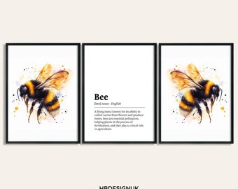 Biene Poster Set - 3-teilige Drucke | Aquarell Druck | Bilder | Hummel Wand Kunst | Definition Print | Biene Wohnkultur | Bienen-Geschenke
