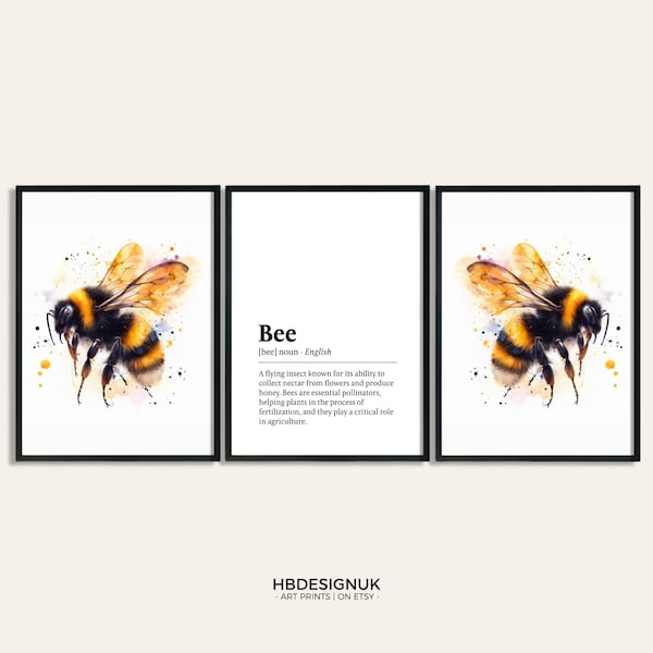 Bee Poster Set - Set of 3 Prints | Watercolor Print | Present Pictures | Bumblebee Wall Art | Definition Print | Bee Home Decor | Bee Gifts