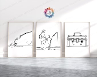 Minimalist Fishing Posters - Set of 3 Fisherman Prints | Fishing Gifts for Men | Line Drawing Art | Angler Wall Illustration | Angling Gift
