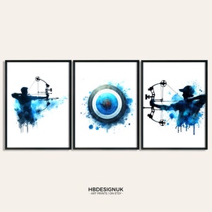 Archery Print Set - Set of 3 Prints | Watercolour Painting | Archery Posters for Kids | Archer Wall Art | Archery Gift Ideas | Blue Decor