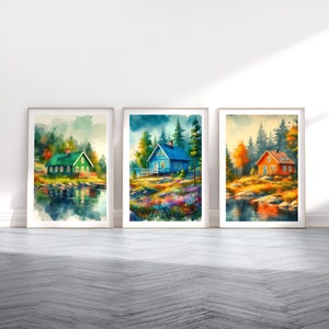 Nordic Cabin Print Set - 3 Watercolour Posters | Scandi Wall Art | Scandanavian Design | Lakeside Cabin Painting | Scandinavian House Decor