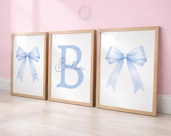 Blue Bow Nursery Prints - Set of 3 Girls Nursery Wall Art, Custom Name Decor