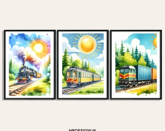 Stampe del treno per bambini - 3 poster estivi / Opere d'arte vivaci per la camera da letto dei ragazzi / Arte delle pareti dell'asilo nido / Opere d'arte per la decorazione della camera / Immagini della sala giochi dei treni per bambini