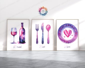 Láminas para comedor y cocina - Juego de 3 láminas / Pósteres de acuarela rosa / Arte mural de comida y bebida / Decoración de cocina y hogar / Imágenes para el comedor