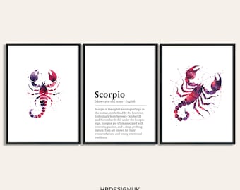 Scorpio Zodiac Print  - Set of 3 Posters | Watercolour Scorpio Gift | Astrology Paintings | Star Sign Wall Art | Artwork Decor for Her