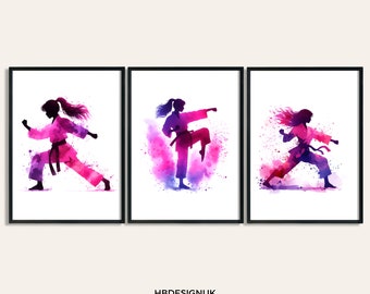 Póster rosa con estampado de karate - Juego de 3 pósteres de karate / Láminas artísticas en acuarela / Decoración de dormitorio / Cuadros de karate para niños / Regalos de deporte de lucha