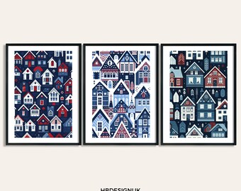 Conjunto de carteles de casas escandinavas - 3 impresiones de estilo Scandi / Arte de pared Scandi / Diseño escandinavo / Obras de arte de la casa azul oscuro / Decoración nórdica del hogar