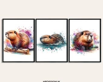 Beaver Print Poster - Set of 3 Paintings | Watercolour Prints | Beaver Paintings | Watercolor Gifts | Artwork Decor | Wildlife Wall Art