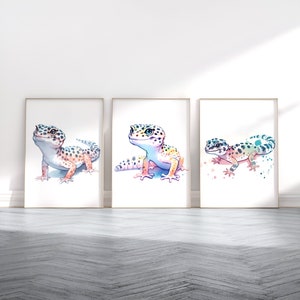 Leopard Gecko Prints - Set of 3 Watercolour Posters | Lizard Wall Art | Artwork Decor | Pastel Animal Wall Art | Colourful Gifts | Gift