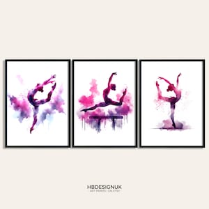 Lila Gymnastik Wand Kunst Set - 3 Gymnast Prints | Aquarell Kunst Malerei | Mädchen Raum Dekor | Gymnastik Hängende Geschenke | Schlafzimmer Poster
