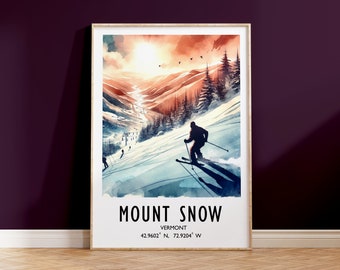 Mount Snow Ski-poster - aquarel Alpine Art Print | Reiskunstwerk aan de muur | Skicadeaus | Vermont-decor | Vakantieoord | Snowboarder cadeau