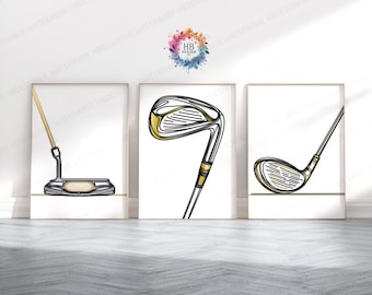 Minimalist Golf Prints - Set of 3 Golfing Posters | Gift for Golf Lover | Golfer Wall Art Decor | Gold Golf Club Line Drawing | Golf Artwork