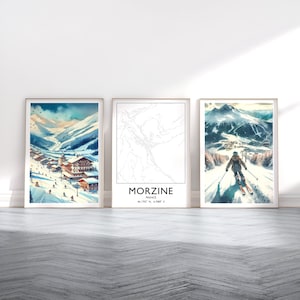 Póster de esquí de Morzine: impresión artística alpina en acuarela, obra de arte de pared de viaje, regalos de esquí, decoración de los Alpes franceses, resort, regalo de snowboard