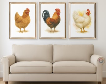 May include: Three framed watercolor paintings of chickens. The first painting features a brown hen, the second a rooster with a red comb and black tail feathers, and the third a white hen.