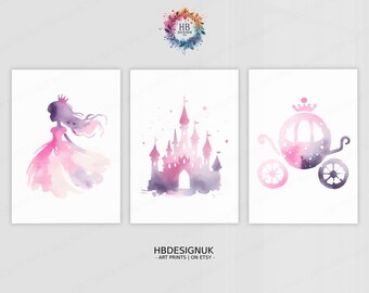 Väggkonst för flickor, prinsessor - Set med 3 tryck | Prinsesstryck för barn | Posters för flickrum | Barnrumsdekor | Akvarellkonst | Gåvor