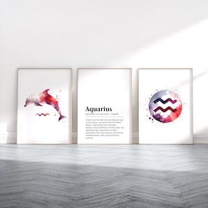 Aquarius Zodiac Print  - Set of 3 Posters | Watercolour Aquarius Gift | Astrology Paintings | Star Sign Wall Art | Artwork Decor for Her