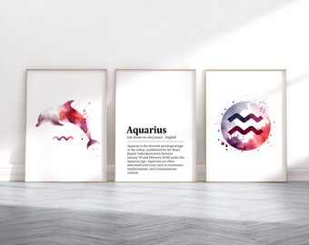 Waterman sterrenbeeld print - set van 3 posters | Cadeau waterman aquarel | Astrologieschilderijen | Muurkunst sterrenbeeld | Kunstwerkdecor voor haar