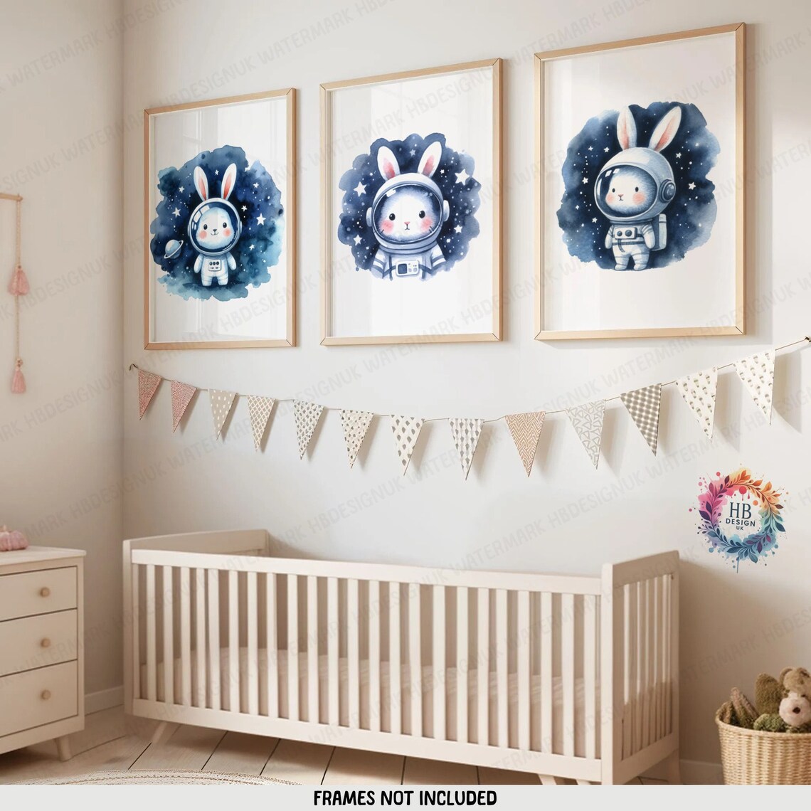 Kids Bunny Nursery Space Prints - Set of 3 Watercolour Posters | Boys ...