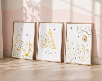 Personalised Bee Nursery Prints - Set of 3 Baby Name Wall Art, Kids Bedroom Decor