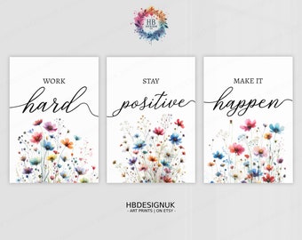 Colourful Home Office Prints - Set of 3 Posters | Minimalist Desk Decor | Work From Home Wall Art | WFH Gifts | Coworker Workplace Pictures