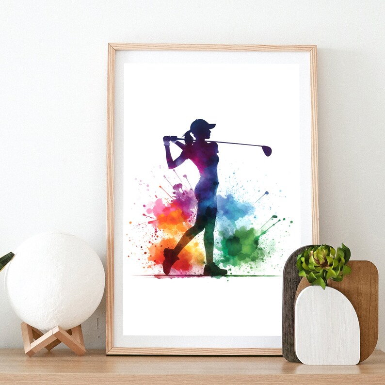 May include: A silhouette of a golfer swinging a club, surrounded by colorful watercolor splatters. The background is white.