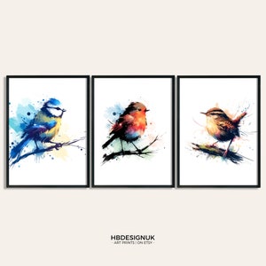 Conjunto de impresiones de aves de jardín: 3 pósteres de acuarela: petirrojo, chochín, herrerillo común, arte mural para sala de estar, decoración de dormitorio, pintura de aves del Reino Unido, imagen.