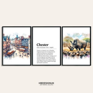 Chester Poster Druckset - Posterset 3-seitig | Cheshire Aquarell Druck | Wandbehang Kunstwerk | Wandkunst | Chester Reise-Kunst-Dekor