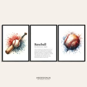 Baseball Print Poster Set - Set of 3 Baseballer Posters | Watercolour Art Painting | Decoration Decor | Baseball Wall Art Gifts | Artwork