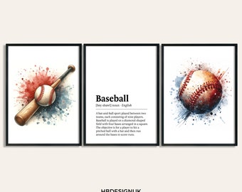 Baseball Print Poster Set - Set of 3 Baseballer Posters | Watercolour Art Painting | Decoration Decor | Baseball Wall Art Gifts | Artwork