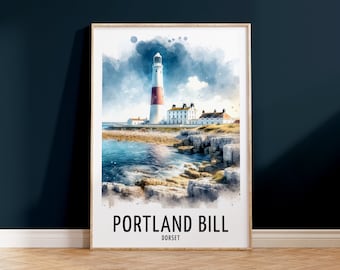 Portland Bill Travel Print - Watercolour Poster Design | Wall Artwork | Devon UK Gifts | Home Decor | Wall Art Gift | England Picture