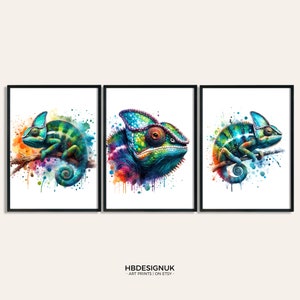 Chameleon Prints Posters - Set of 3 Paintings | Watercolour Chameleon Prints | Paintings | Watercolor Gifts | Artwork Decor | Wall Art